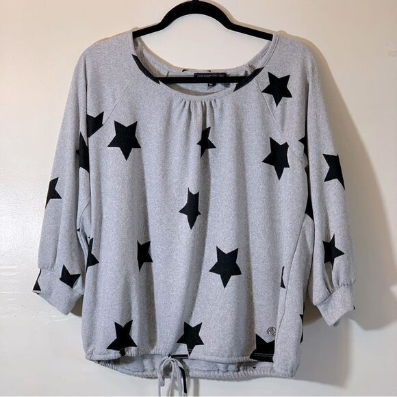 Adrienne Vittadini Top Gray w/ Black Stars Drawstring Front Sz XL Gorgeous - Picture 2 of 7